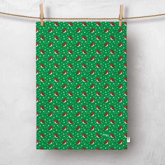 Green towel with robin redbreast hanging on a line
