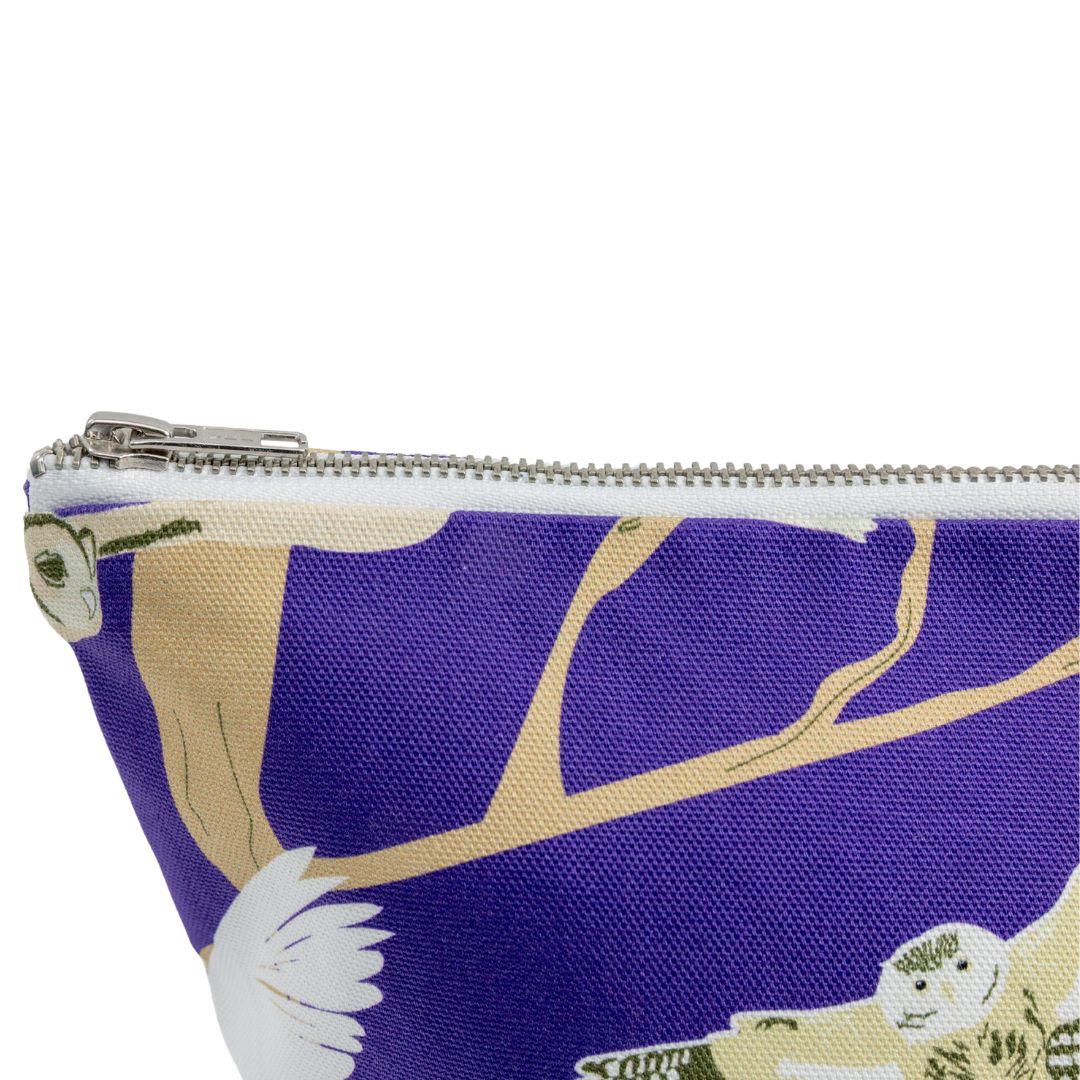 Organic cotton outer, waterproof printed lining fabric zipped pouch with UmmPixies' owl design