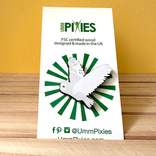 Barn owl wooden pin badge