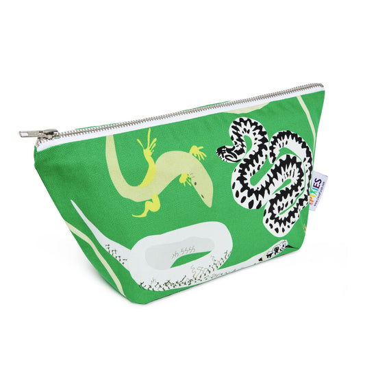 Green pouch with lizard and snake design on a white background