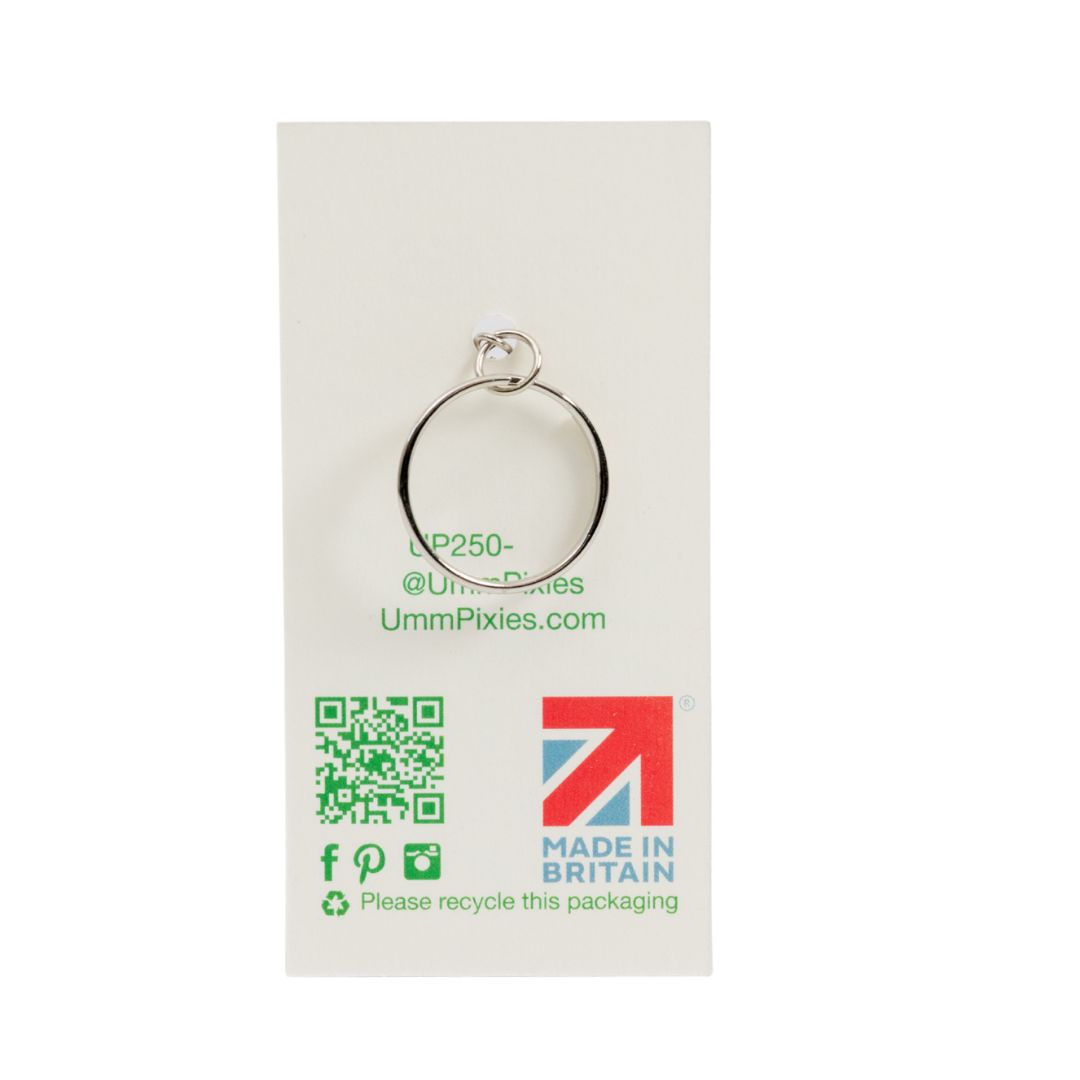 reverse of wooden charm keyring presentation branded card with UmmPixies branding and recycling information.