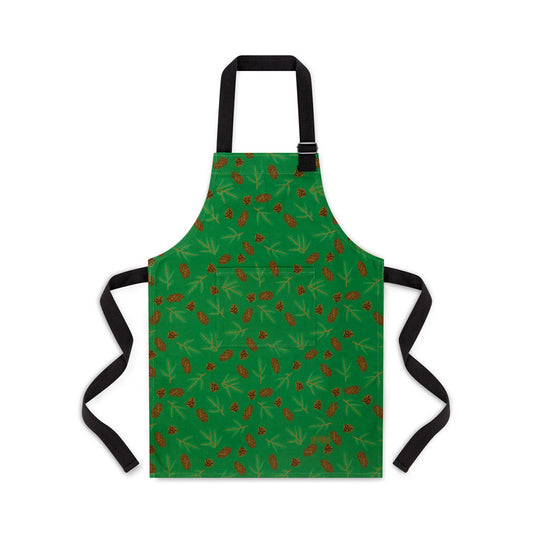 green organic cotton apron featuring Ummpixies illustrations of spruce and fir cones. younger child size shown suitable for up to 5 years old