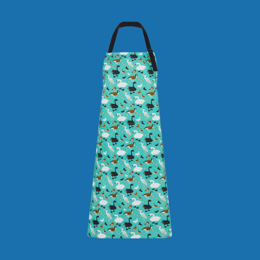 colourful organic cotton ducks apron shown on blue background