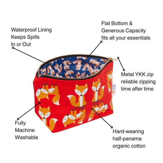 Red pouch with fox pattern and features listed on a white background