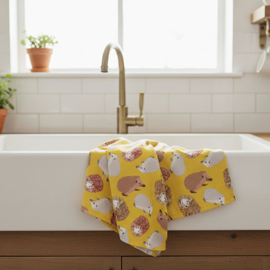 Sunny yellow tea towel shown lying over the edge of a kitchen sink