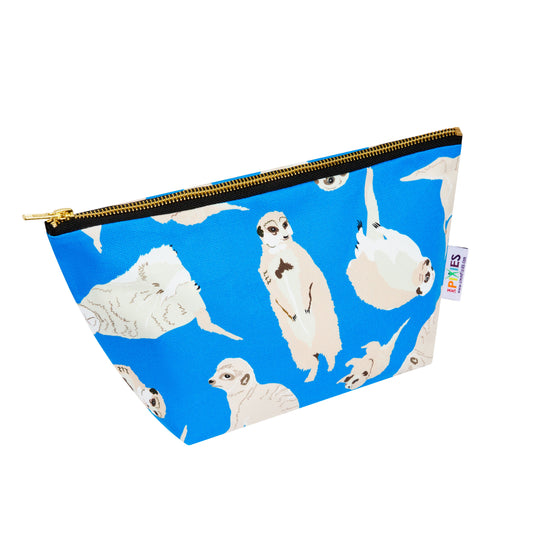 Blue zipped pouch with meerkat pattern