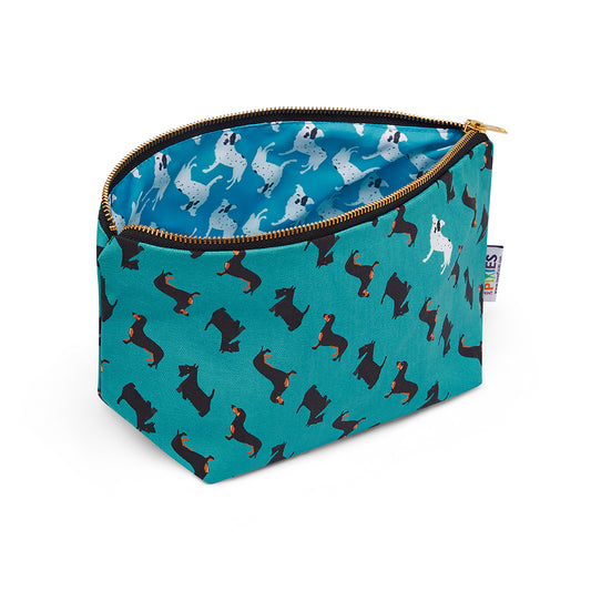 Dogstooth Design really useful bag  featuring illustrations of daschund, Scottish terrier and rescue dog shown with zip open to reveal printed waterproof lining 