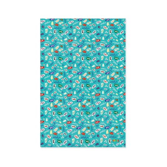 Brightly coloured organic cotton tea towel featuring the sounds of the duckpond shown lying flat on a plain white background