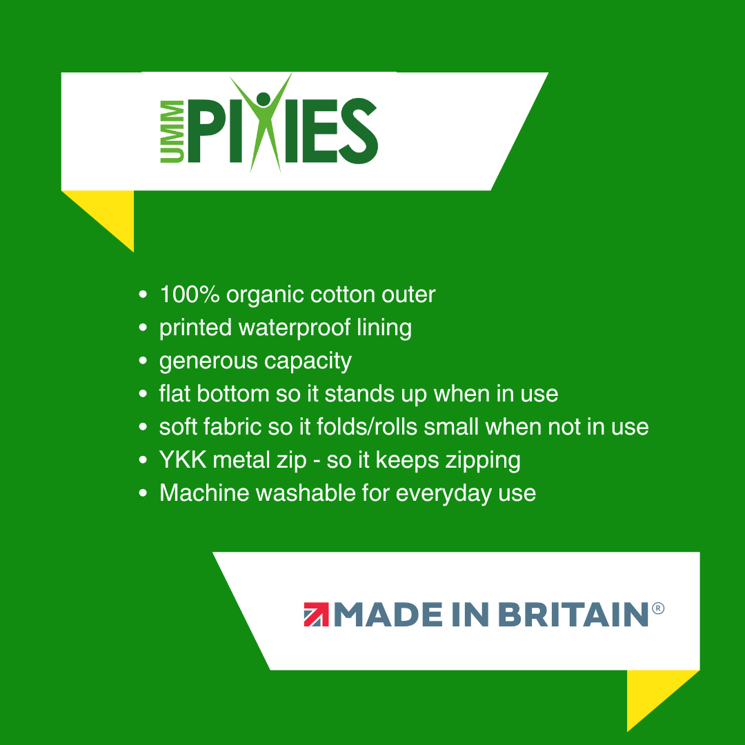 UmmPixies Really Useful Bag product features description on a green background with brand logo.