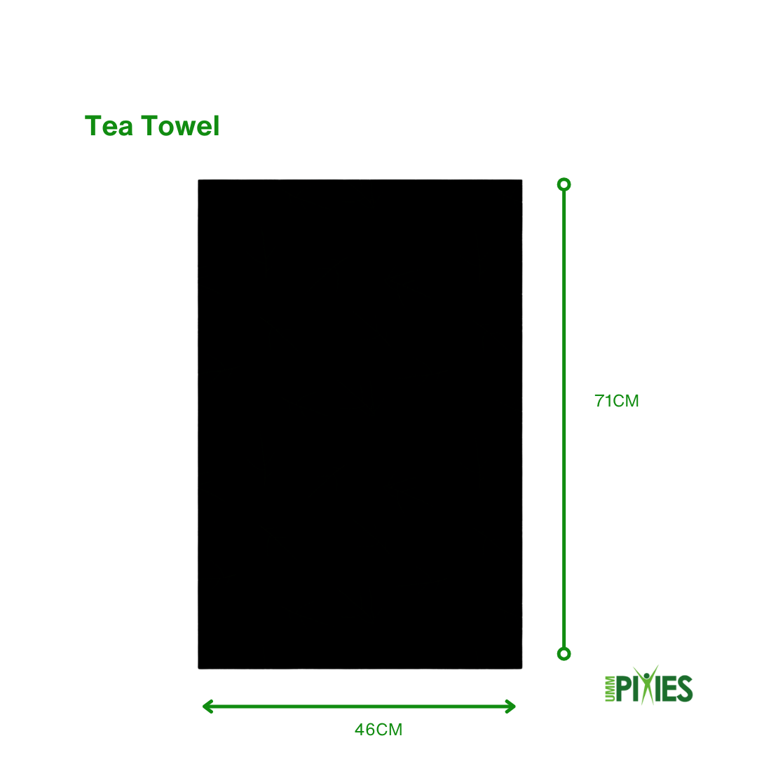 Silhouetted UmmPicies cotton tea towel showing dimensions 46cm x 71cm on a white background