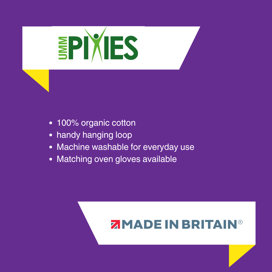 UmmPixies Tea Towel product features description on a purple background with brand logo.