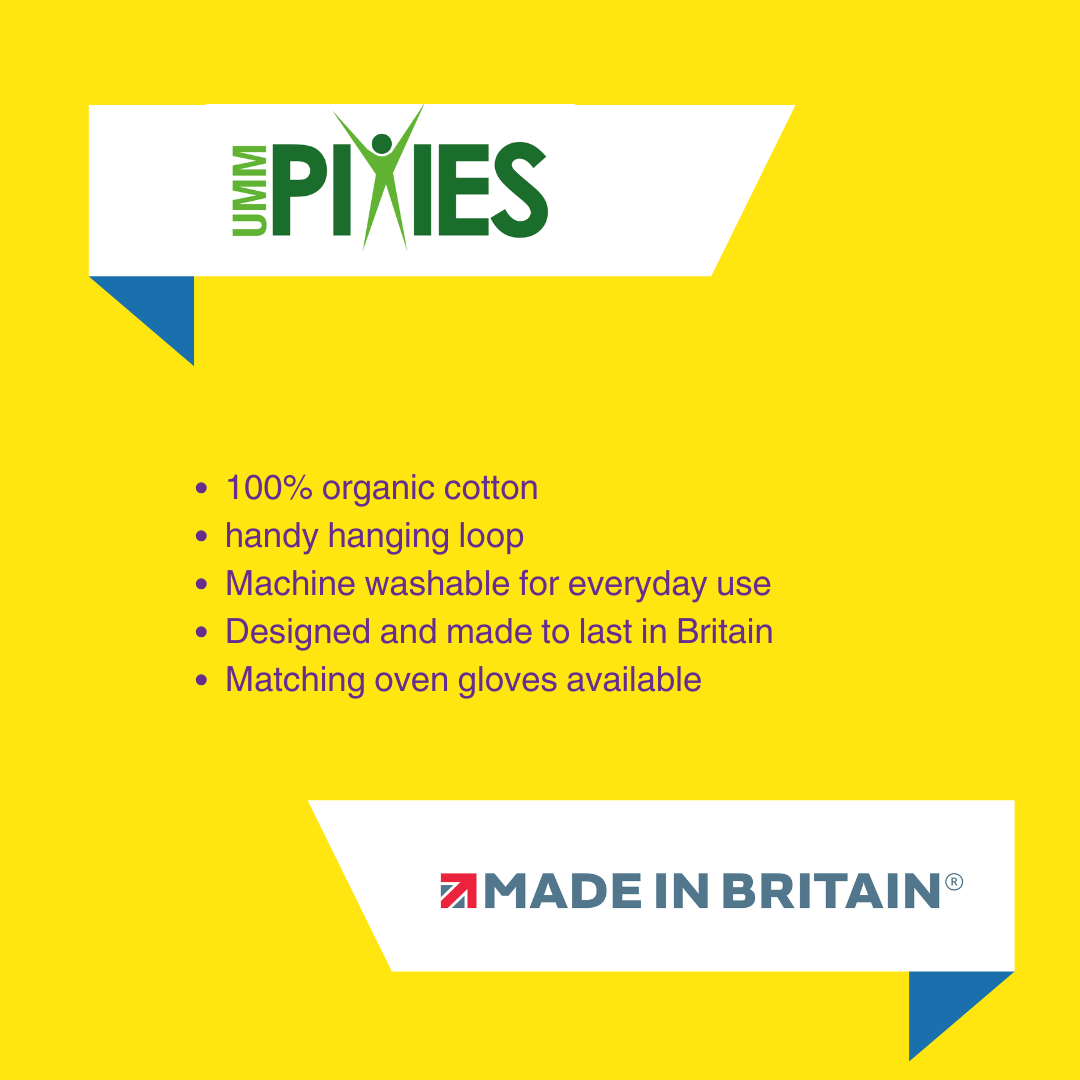 UmmPixies Tea Towel product features description on a yellow background with brand logo.