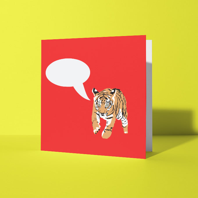 Red Square Greetings Card with Stalking Tiger Cub illustration and speech bubble to fill in in order to personalise the card - shown on yellow background