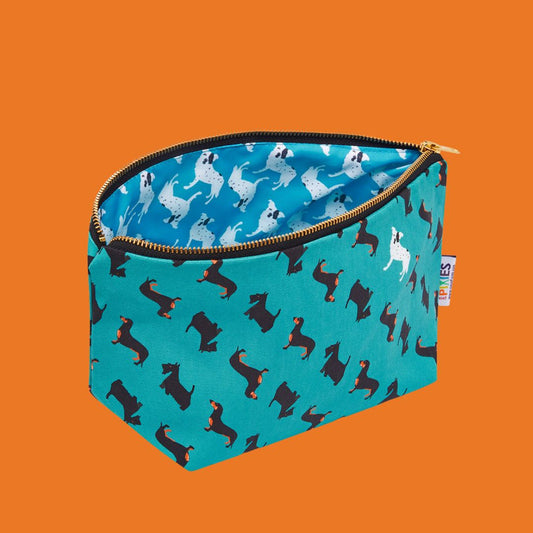 Petrol Blue Dogtooth Dogs Really Useful Bag with illustrations of dachshunds and scotties shown with zip open to reveal coordinating printed waterproof lining