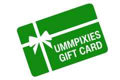 Green gift card with a white bow and 'UMMPIXIES GIFT CARD' text on a white background