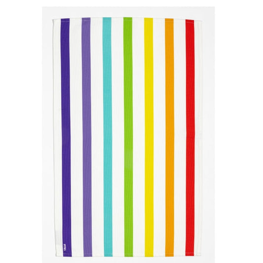 tea Towel with colorful wide vertical rainbow stripes on a white background