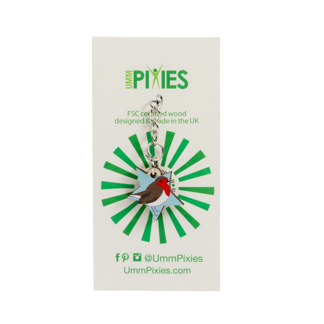 Umm Pixies Robin Redbreast on star shaped wooden charm keyring on a branded card with green and white design