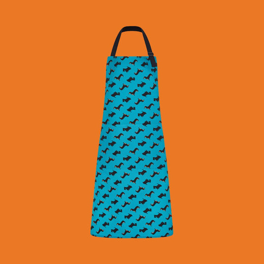 dogtooth design petrol blue organic cotton apron featuring dachshund, Scottish terrier and black and white rescue dog