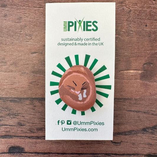 Sleeping Hazel Dormouse wooden pin badge on display card on wooden table