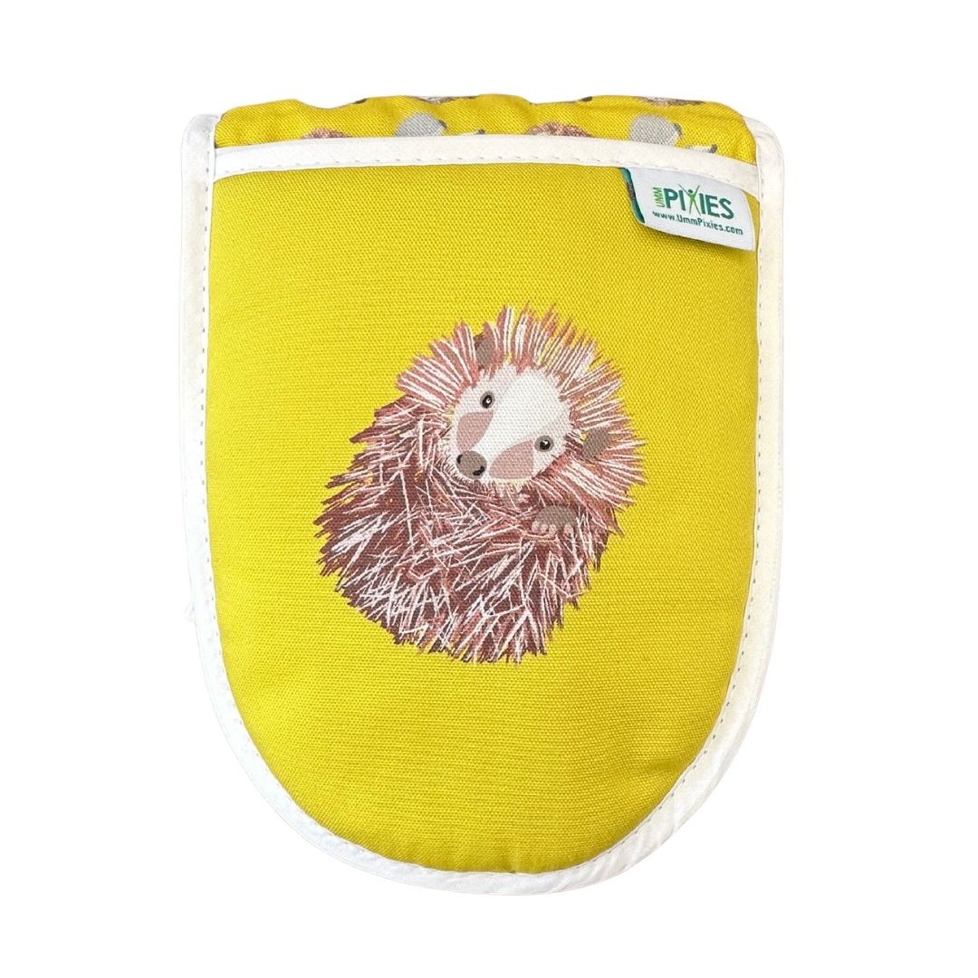 close up of left mitt of yellow hedgehogs oven gloves