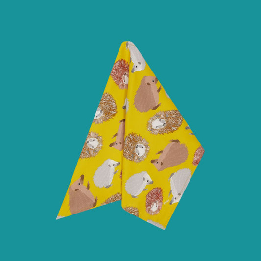 Sunny yellow colourful organic cotton tea towels featuring my hedgehogs illustrations