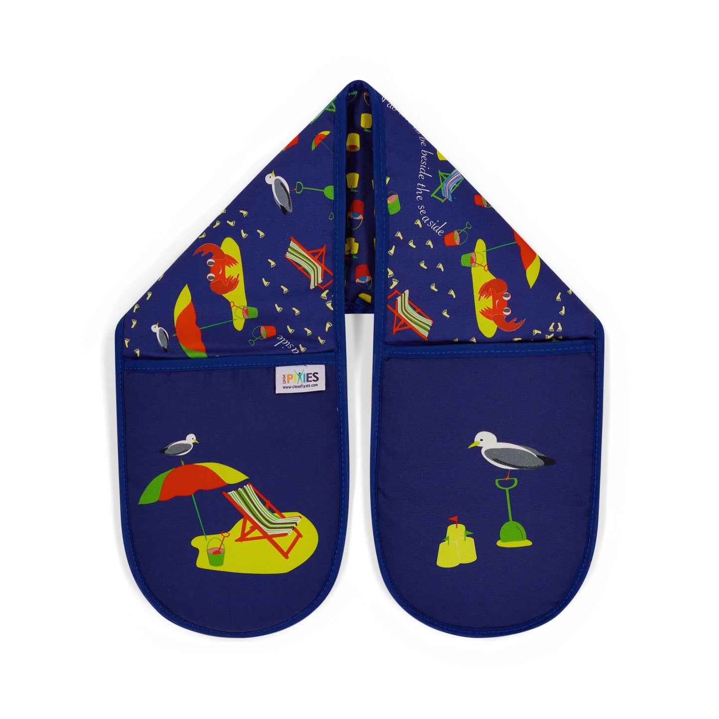 Organic Cotton Oven Gloves with illustrated seaside scenes