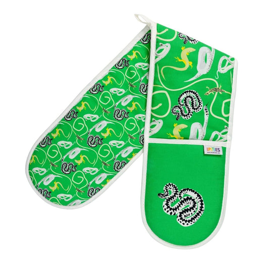 Bright green organic cotton oven gloves with snakes and lizards illustrations by UmmPixies