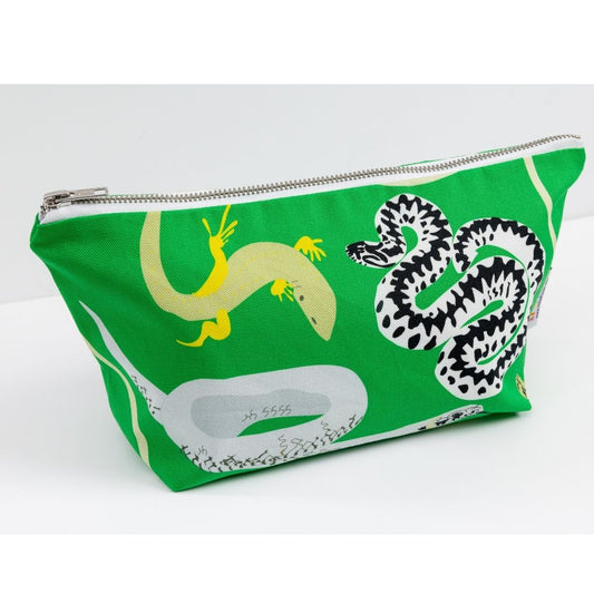 Bright green zipped pouch with British snakes and lizards designs, shown with zip closed