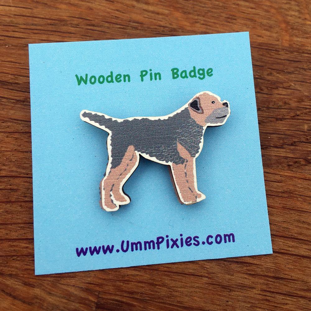 Border Terrier Dog Wooden Pin Badge