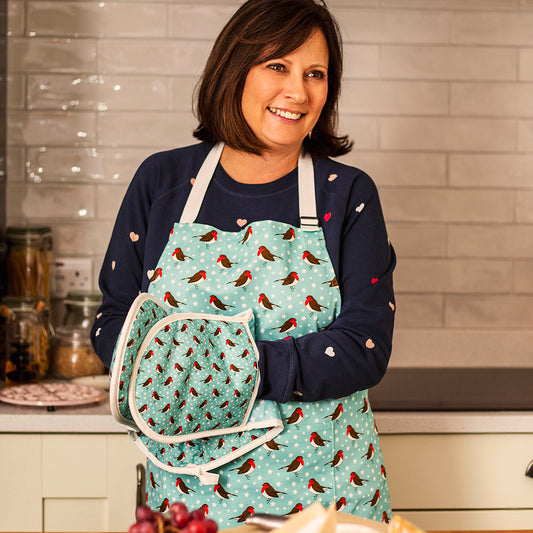 Robins apron, model shown also using matching oven gloves