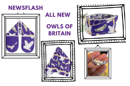 Owls of Britain Range from UmmPixies showing framed ohotos of oven gloves , tea towels, bags, and badges from the collection
