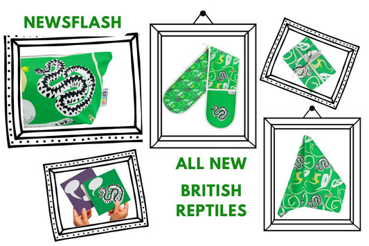 photos of UmmPixies British Reptiles collection shown in pictre frames includes oven gloves, tea towel, zipped pouch, greetings card and gift wrap