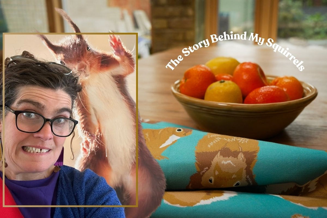 Image of designer Paula with a red squirrel frameed in front of a lifestyle image of UmmPixies squirrel tea towel
