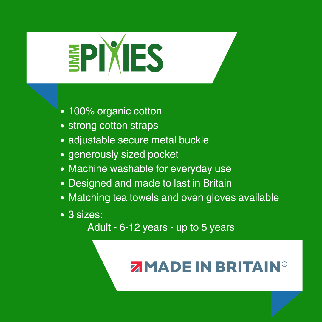 UmmPixies Apron product features description on a green background with brand logo.