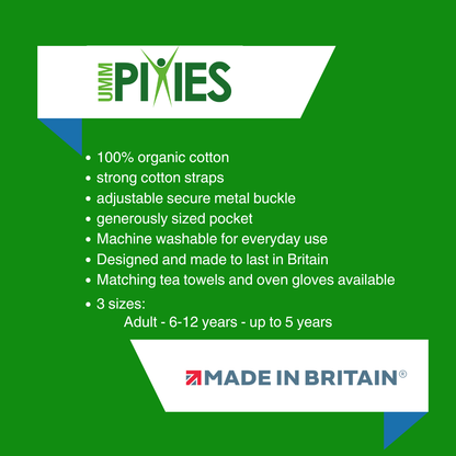 UmmPixies Apron product features description on a green background with brand logo.
