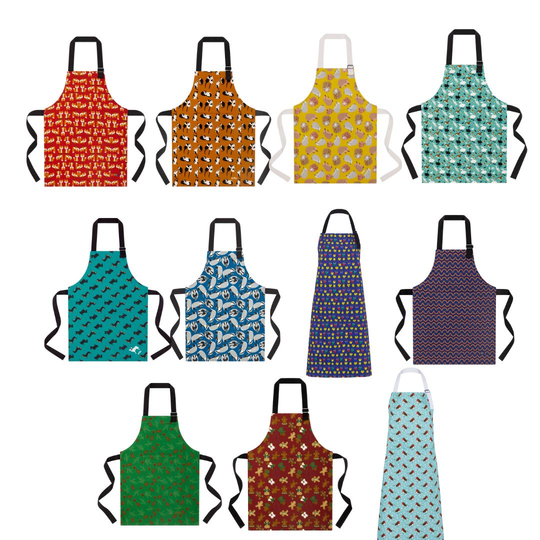 Choose your preferred apron from the selection of gorgeous organic cotton aprons with Ummpixies exclusive designs