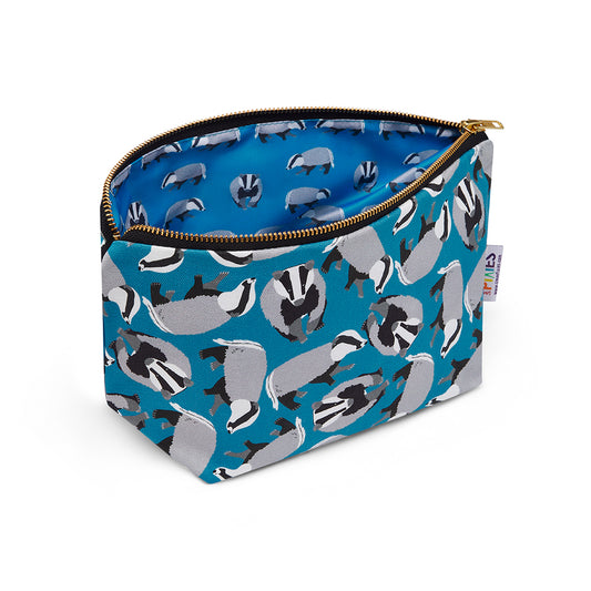 Blue Badgers Design really useful bag shown with zip open to reveal printed waterproof lining 