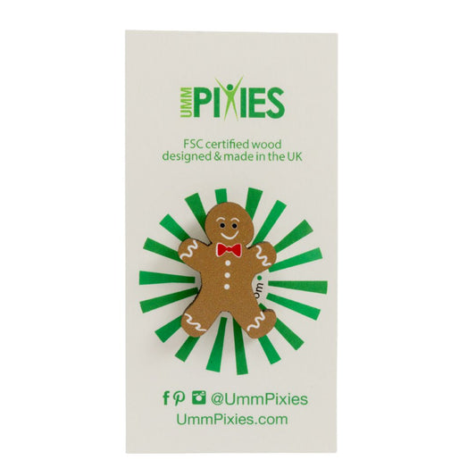 Gingerbread Folk Bowtie wearing Wooden Pin Badge