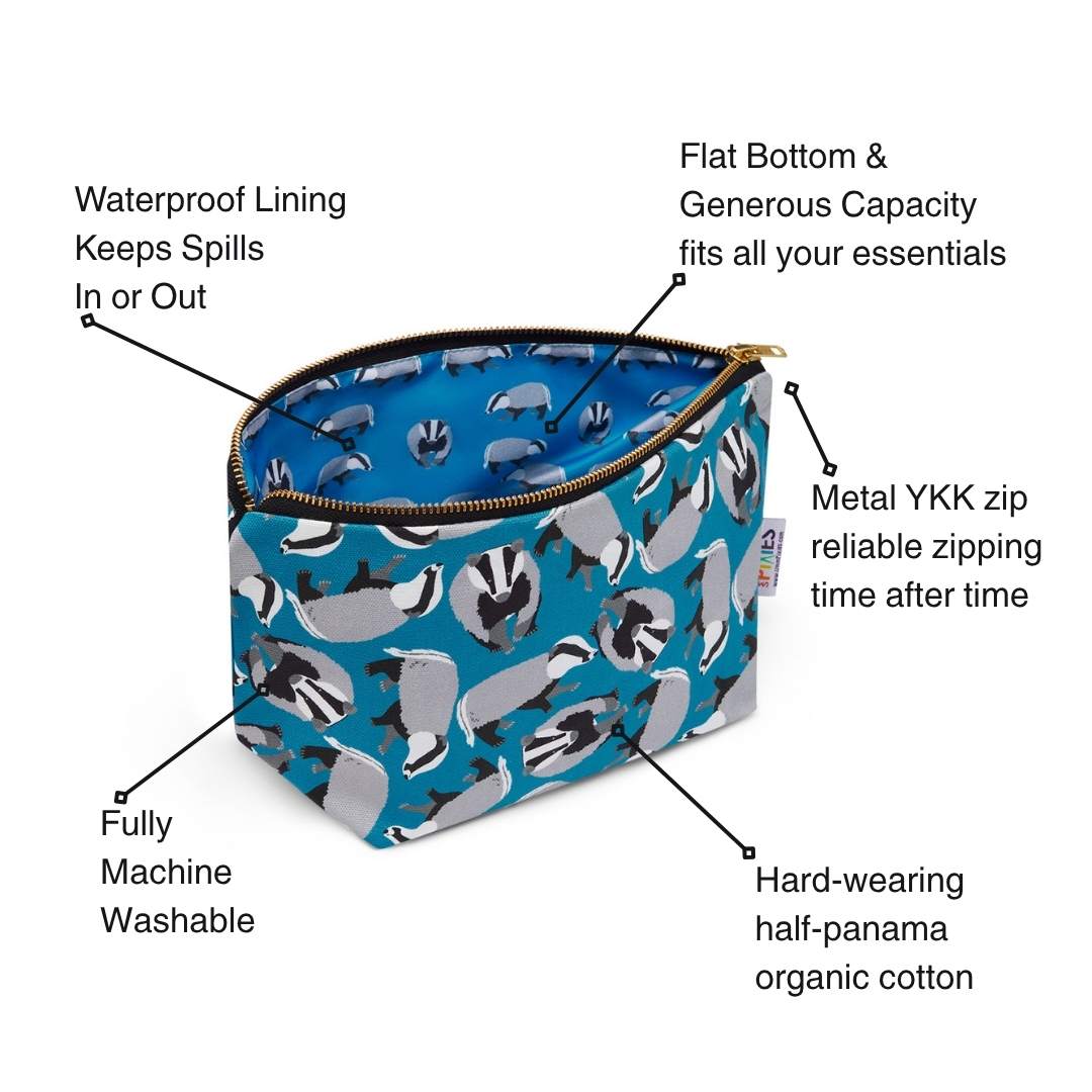 Blue pouch with badger pattern and features listed on a white background
