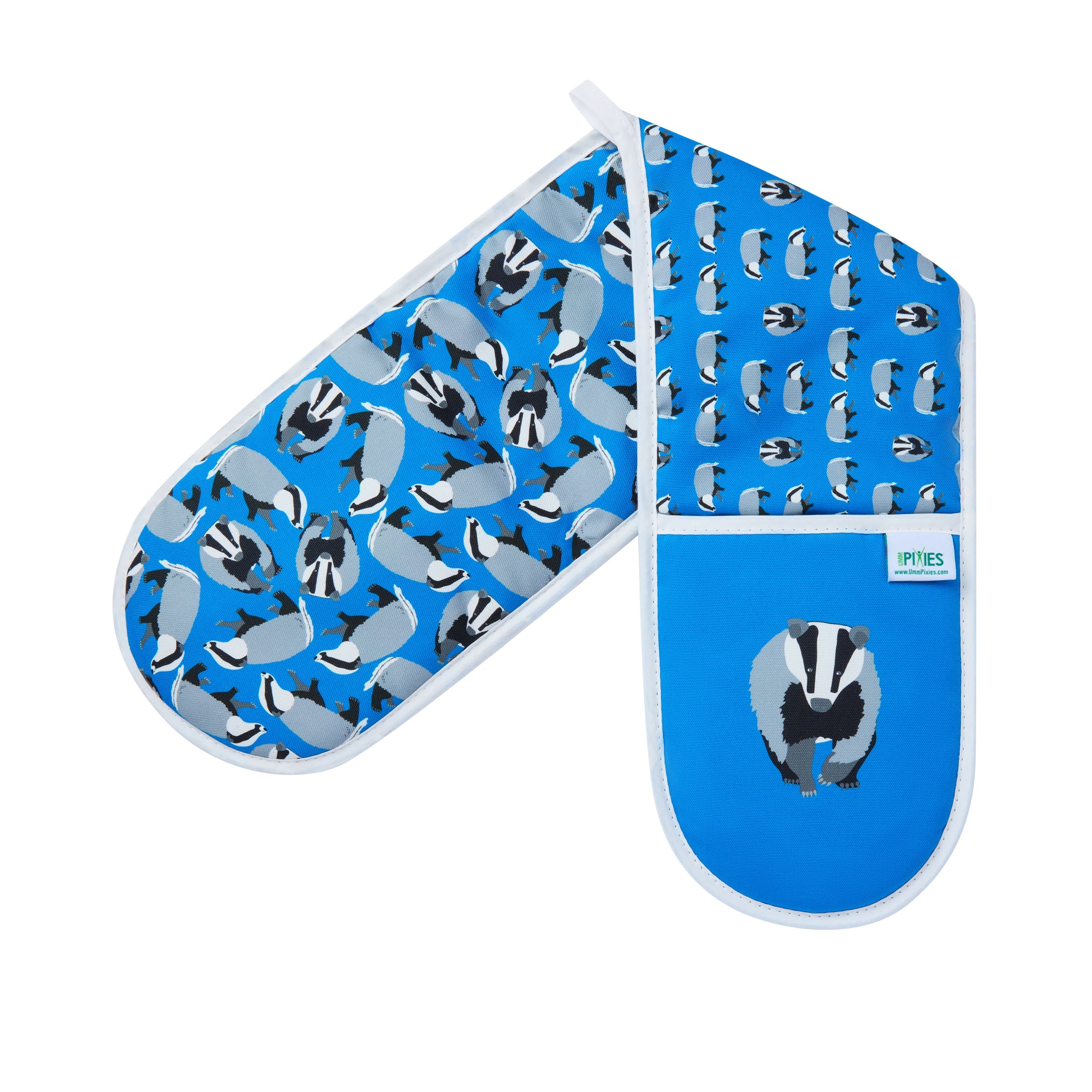 Blue oven mitt and pot holder with badger pattern on a white background