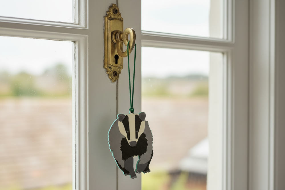 Wooden badger hanging decoration shown haning from a windwo lock