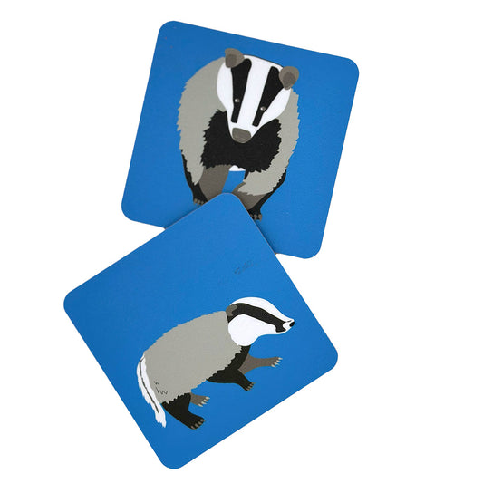 2 bright blue badger coasters from UmmPixies