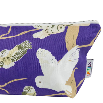 Organic cotton outer, waterproof printed lining fabric zipped pouch with UmmPixies' owl design 