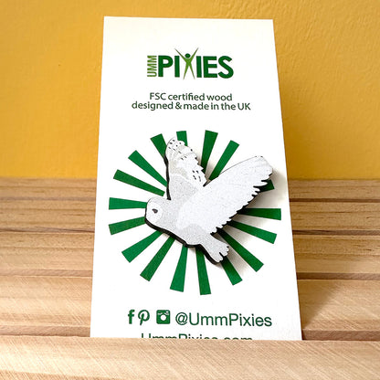 Barn owl wooden pin badge