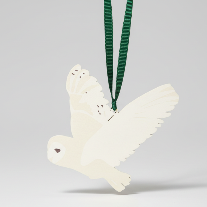 Wooden barn owl in flight hanging ornament