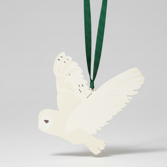 Wooden barn owl in flight hanging ornament