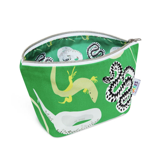 Green pouch with snake and lizard design on a white background, shown with zip open to reveal the printed waterproof lining.