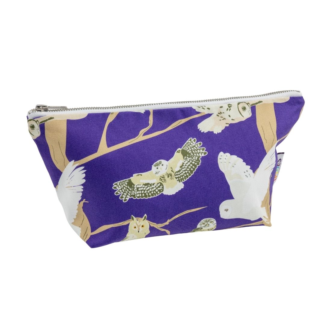 Purple zipped pouch with British owls design shown on a white background