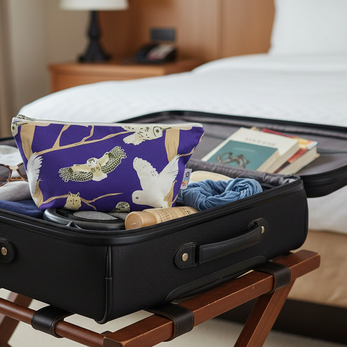 Open suitcase on a hotel room stand with clothes and a purple British owls design really useful bag inside