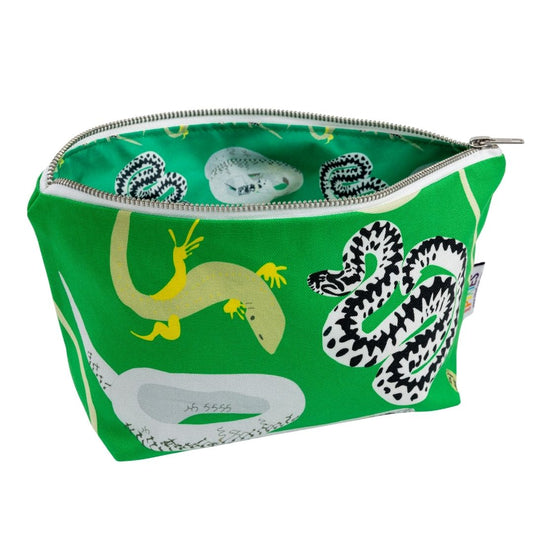 Bright green zipped pouch with British snakes and lizards designs, shown wiuth zip open to reveal coordinating printed waterproof lining